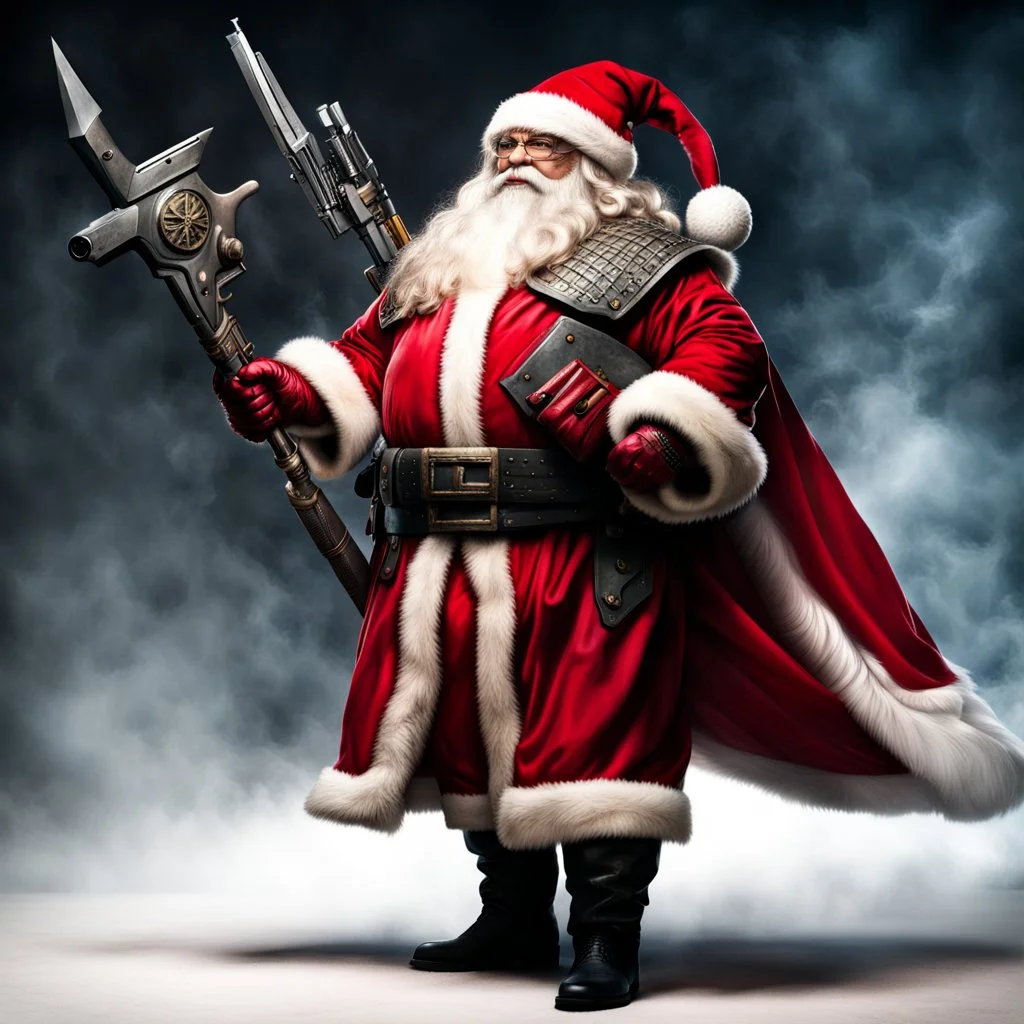 Full-Length Klingon Santa Claus carrying a weapon