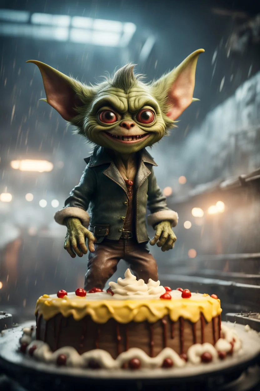 portrait of happy gremlin standing in a mega cake on a speeding locomotive in a wind tunnel birthday party in a storm cloud, in the style of a fallout 4,bokeh like f/0.8, tilt-shift lens 8k, high detail, smooth render, down-light, unreal engine, prize winning