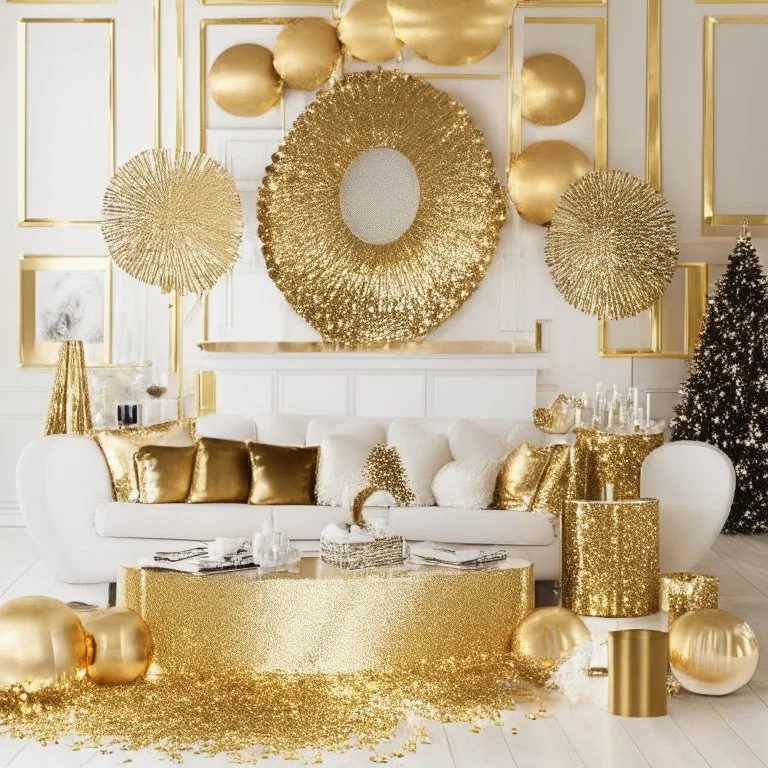 A picture of a living room with gold party decoration