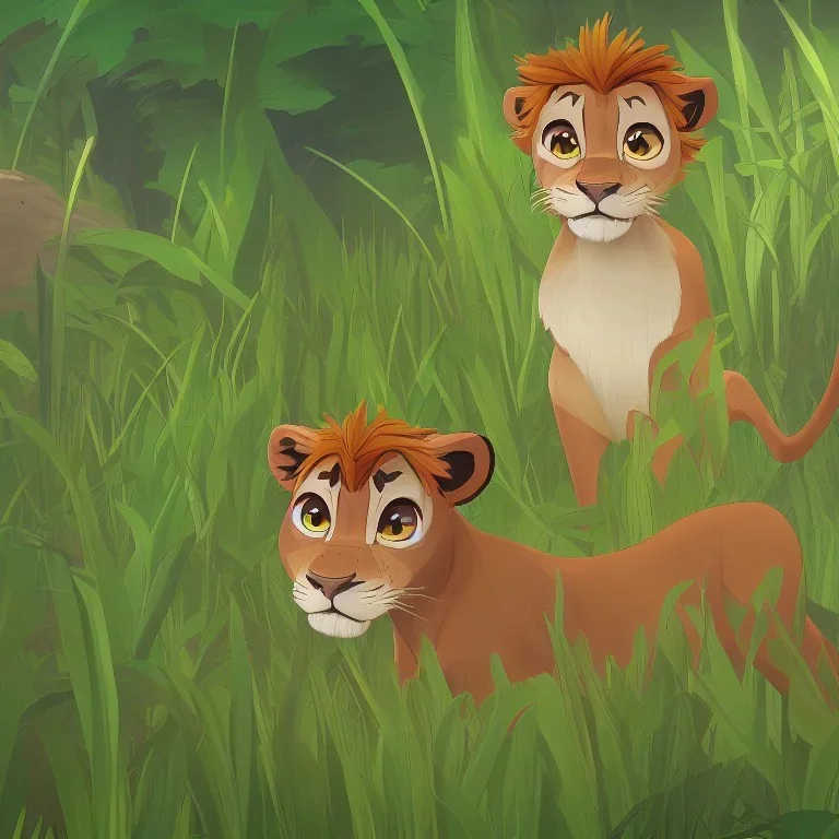 picture for children's book showing a cute baby lion behind tall grass in the jungle.