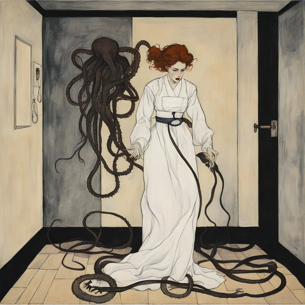 [poster of a Nurse tentacles around her waist by Egon Schiele] The White Nurse enters in the dimly lit bedroom, shadows danced ominously across the walls The room is filled with terror as the monstrous presences beneath your bed stirred and twisted, its eerie limbs and tentacles creeping out into the moonlit room. Just as fear threatened to consume you, a soft, soothing voice cut through the darkness.