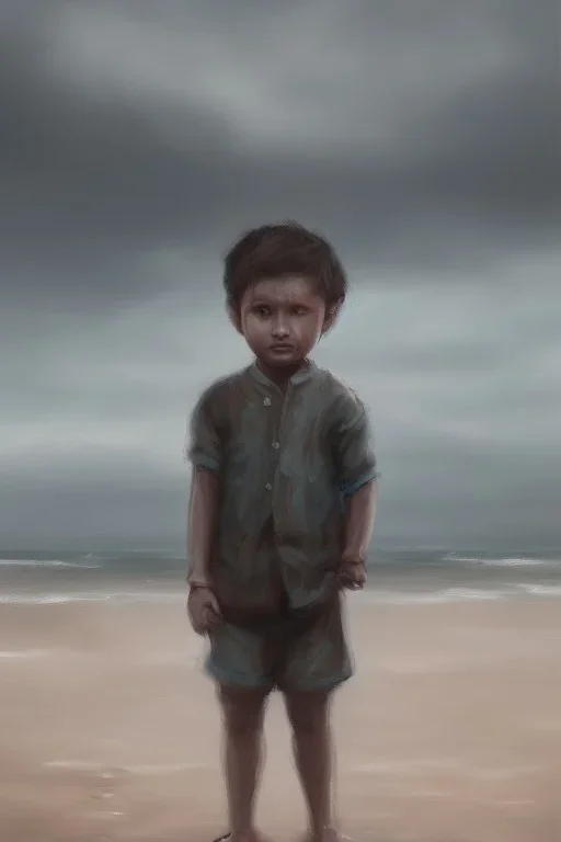 desaturated oil painting of boy on beach, old clothes, dark storm clouds overhead, gloomy, bleak, little fires