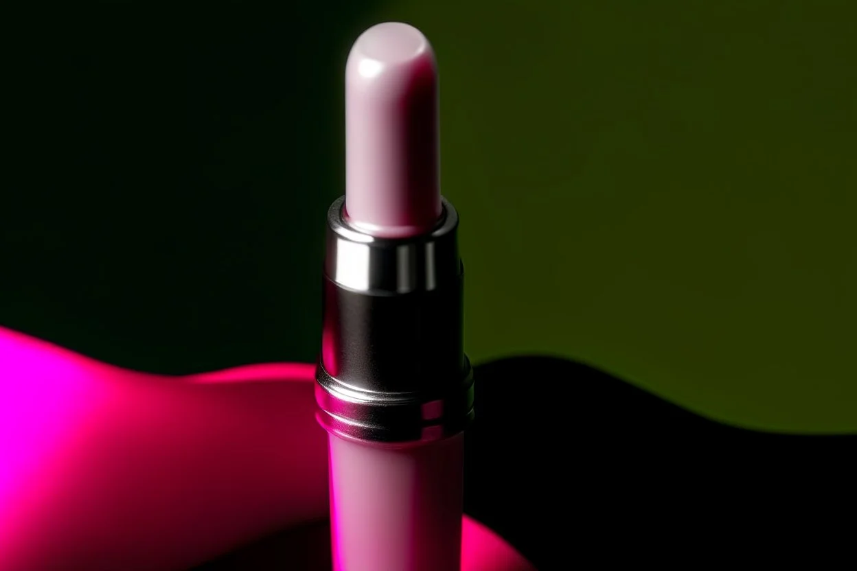 top shot of a lipstick on a pink table with flowers, gray spheres in the background, product photography in style of Kodak Portra — style raw — q 2 — s 250 — v 5.2 — ar 9:16