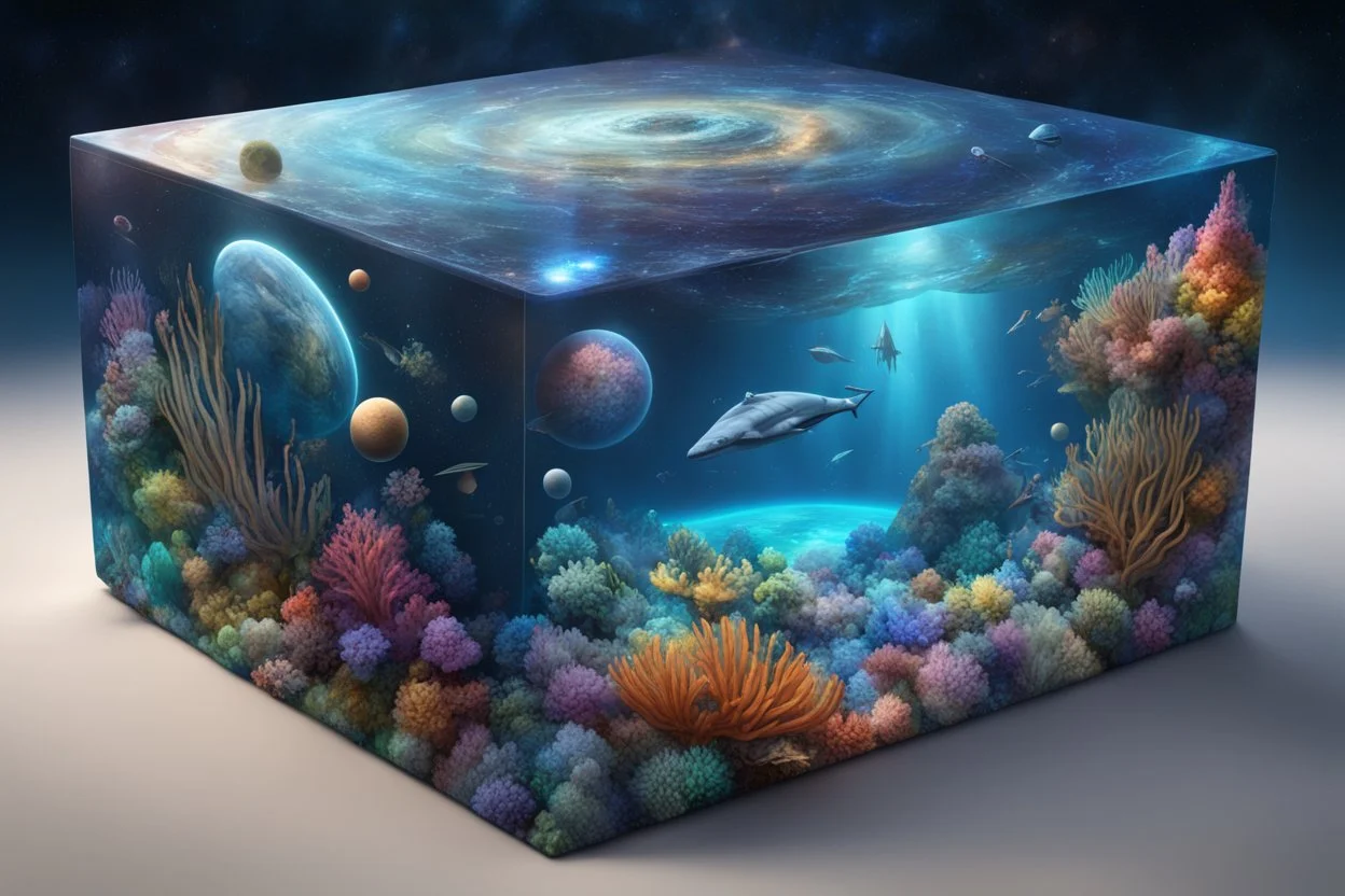 hyperrealistic, 4k, box for storing things with beautiful drawings a lot of colours, very detailed, subnautica, pyramid in the middle, sea plants, seal leviathan, few planets, space, galaxies,