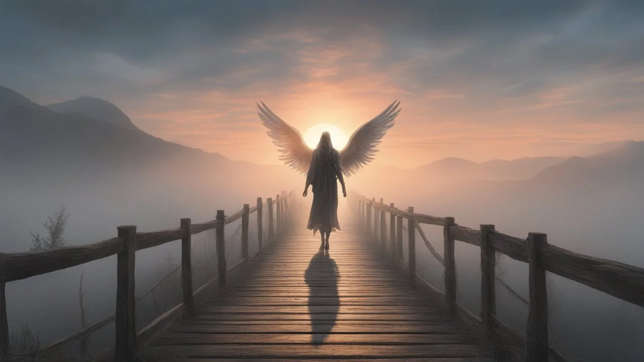 walking straight ahead over a wooden bridge, holding the angel of death with your right hand, entering the fog at the end of the road that leads to the afterlife, and a beautiful sunset and galaxy's behind the fog, realistic