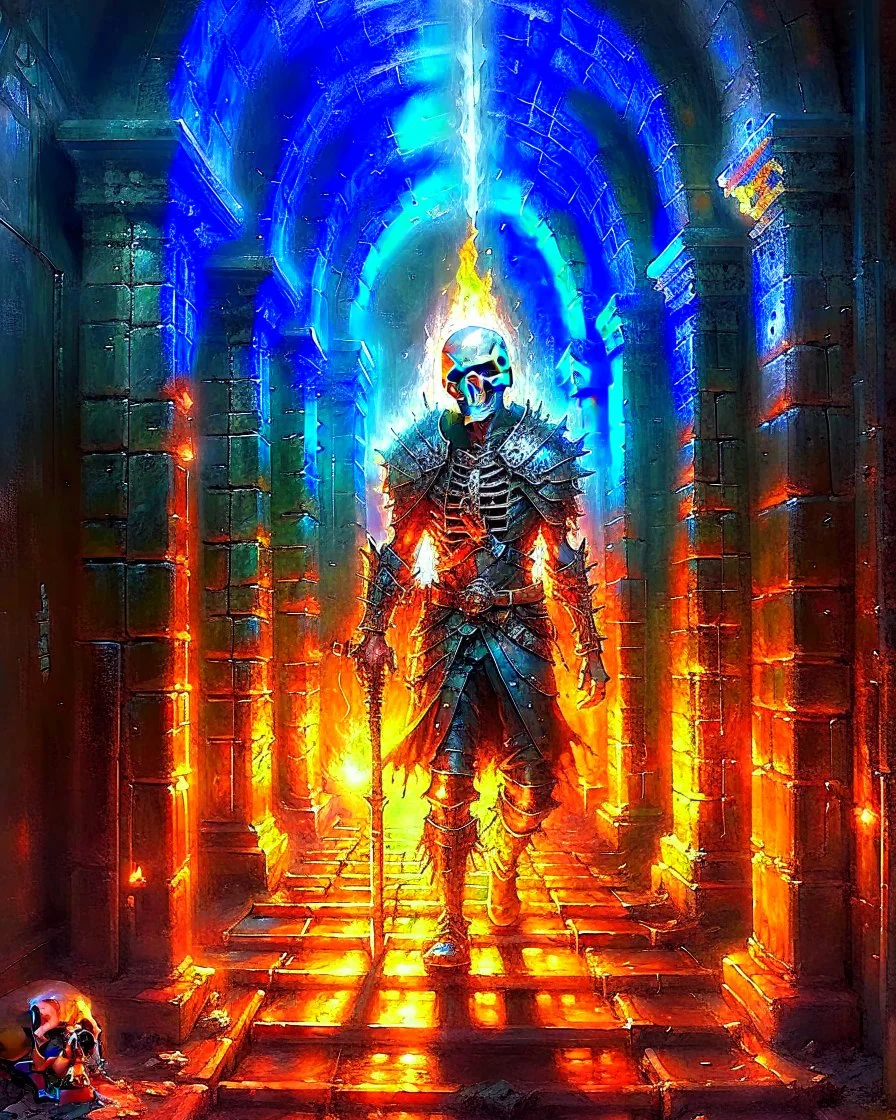 A frightening castle dungeon hallway with a skeleton warrior in rusty chainmail holding a burning torch painterly rpg art