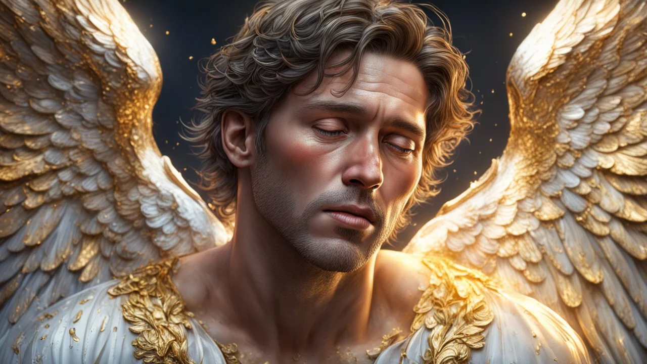 male 35 years old angel, fine rendering, high detail, 8K, bright colors, HD photography, gold, crying, tears