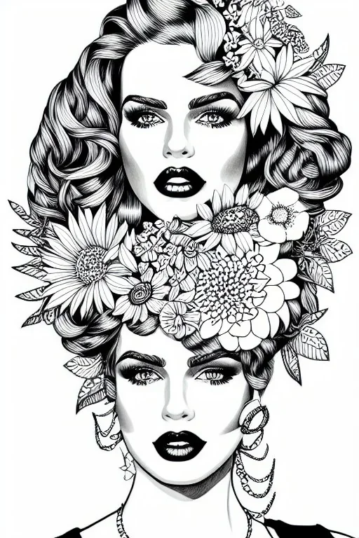 hyper detailed, black and white, thick line, coloring book illustration, lineart, stunningly beautiful woman in flowers