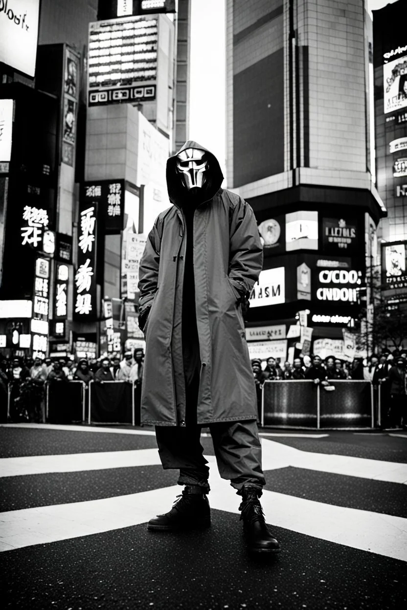 Photograph of MF DOOM standing in Shibuya Crossing