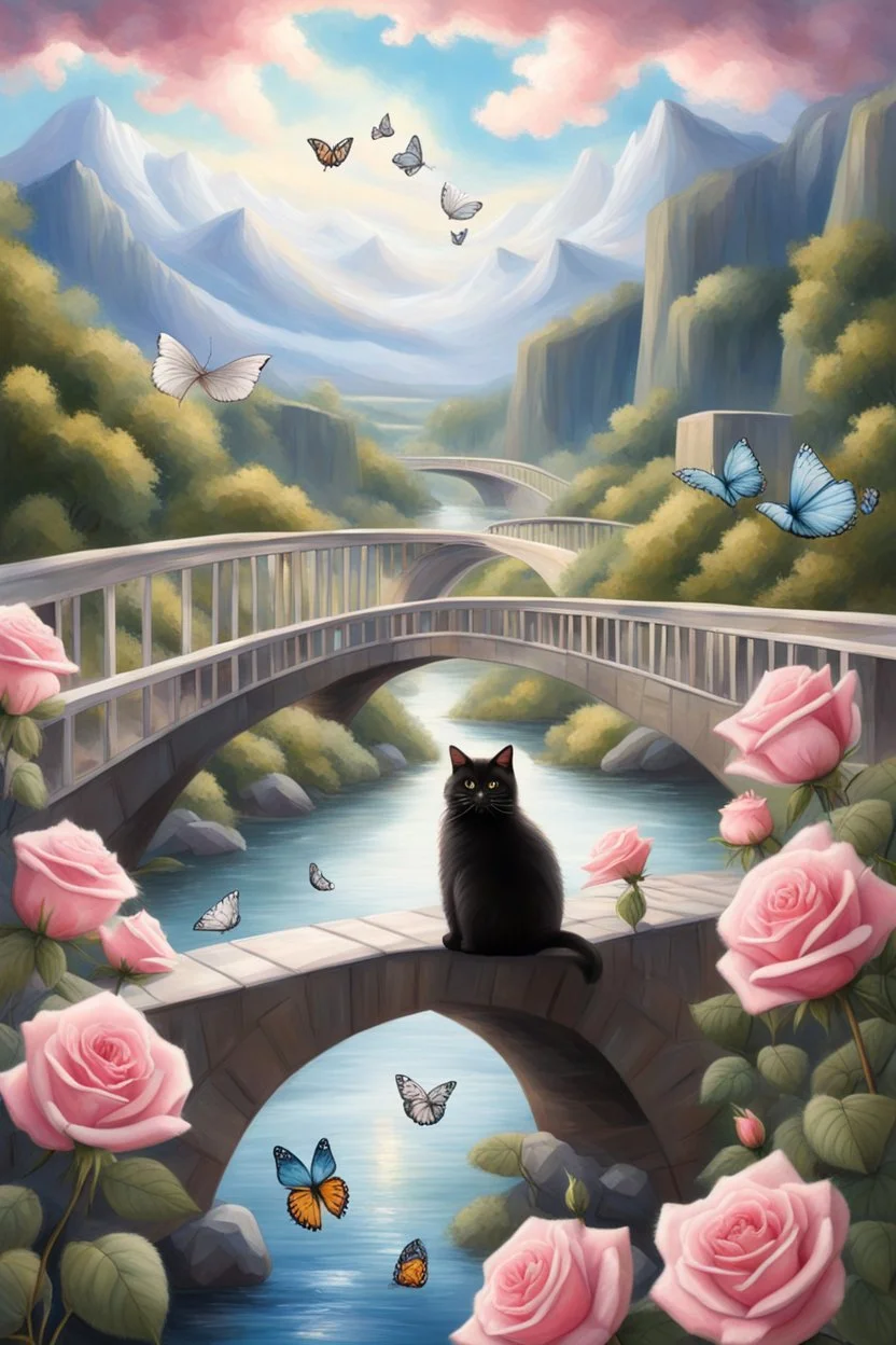 in the center: many beautiful fat fluffy black and white cats with green eyes sitting on a bridge, under the brigde flows a small blue river; background: landscape with dramatic mountains and white clouds, butterflys flying in the sky; first plan: pink roses;