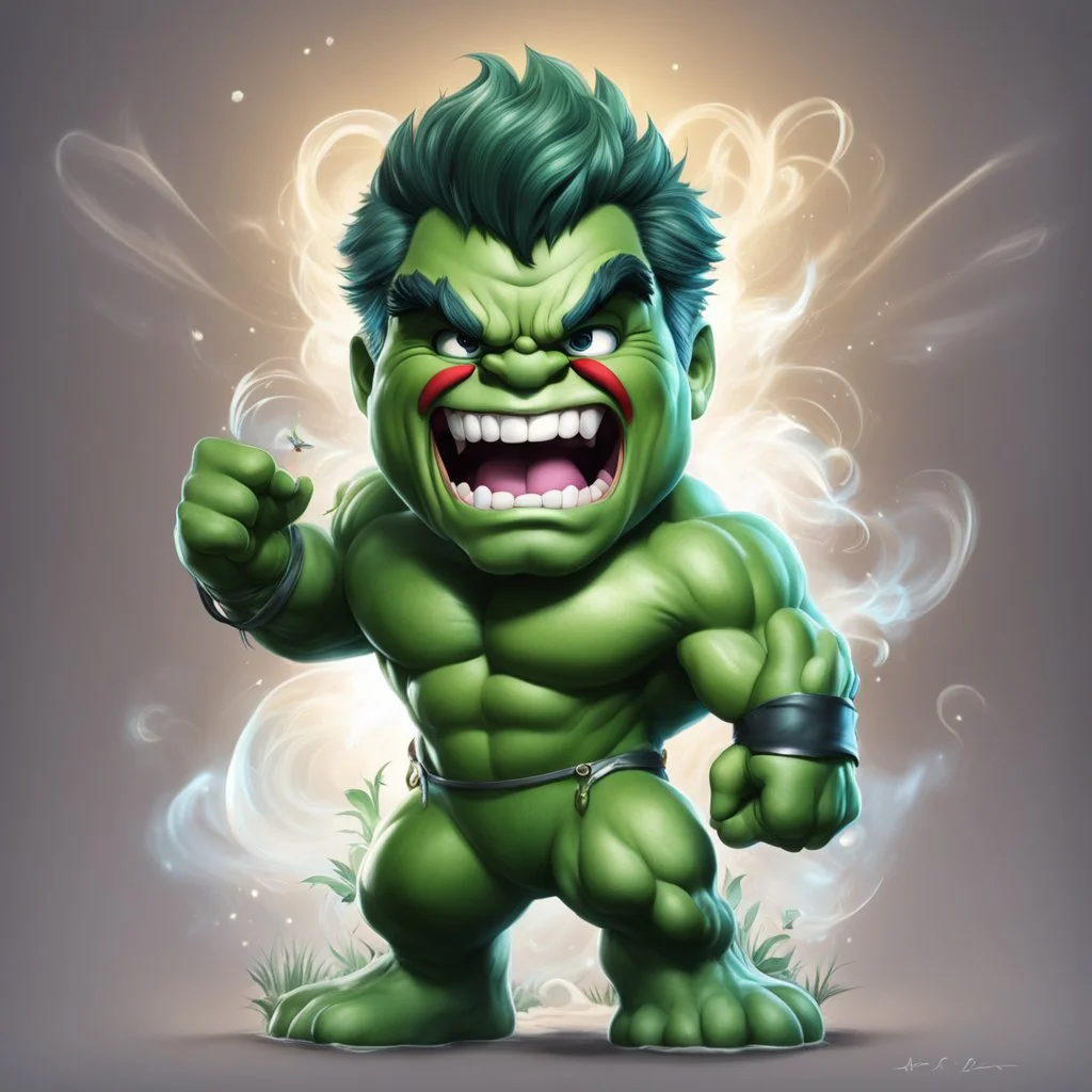 chibi cute caricature of Hulk as a 1930's clown, surrounded by will-o'-the-wisp, elegant, close wiew, dynamic pose, photorealistic rendering --ar 2:3 --stylize 500 --v 6