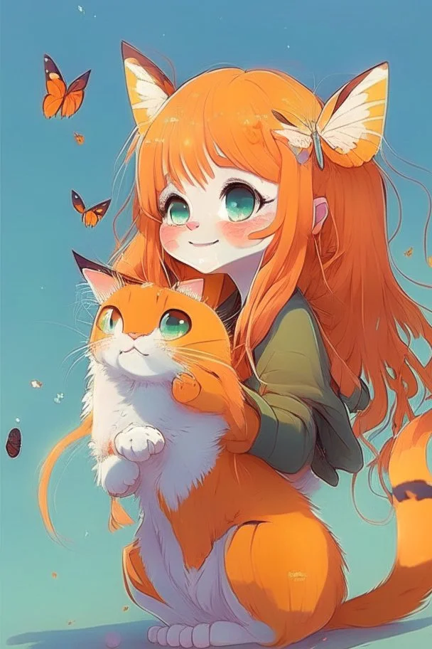 very cute anime pixar cat with long orange hair catching a butterfly