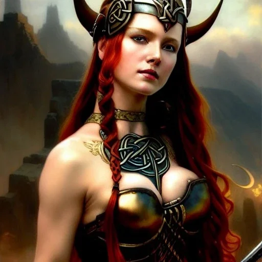 portrait 'beautiful Sexy busty Redhead Sif',long hair, Braids,horned helmet, celtic tattoed,painting by gaston bussiere, greg rutkowski, yoji shinkawa, yoshitaka amano, tsutomu nihei, donato giancola, tim hildebrandt, oil on canvas, cinematic composition, extreme detail,fit full head inside picture,32k