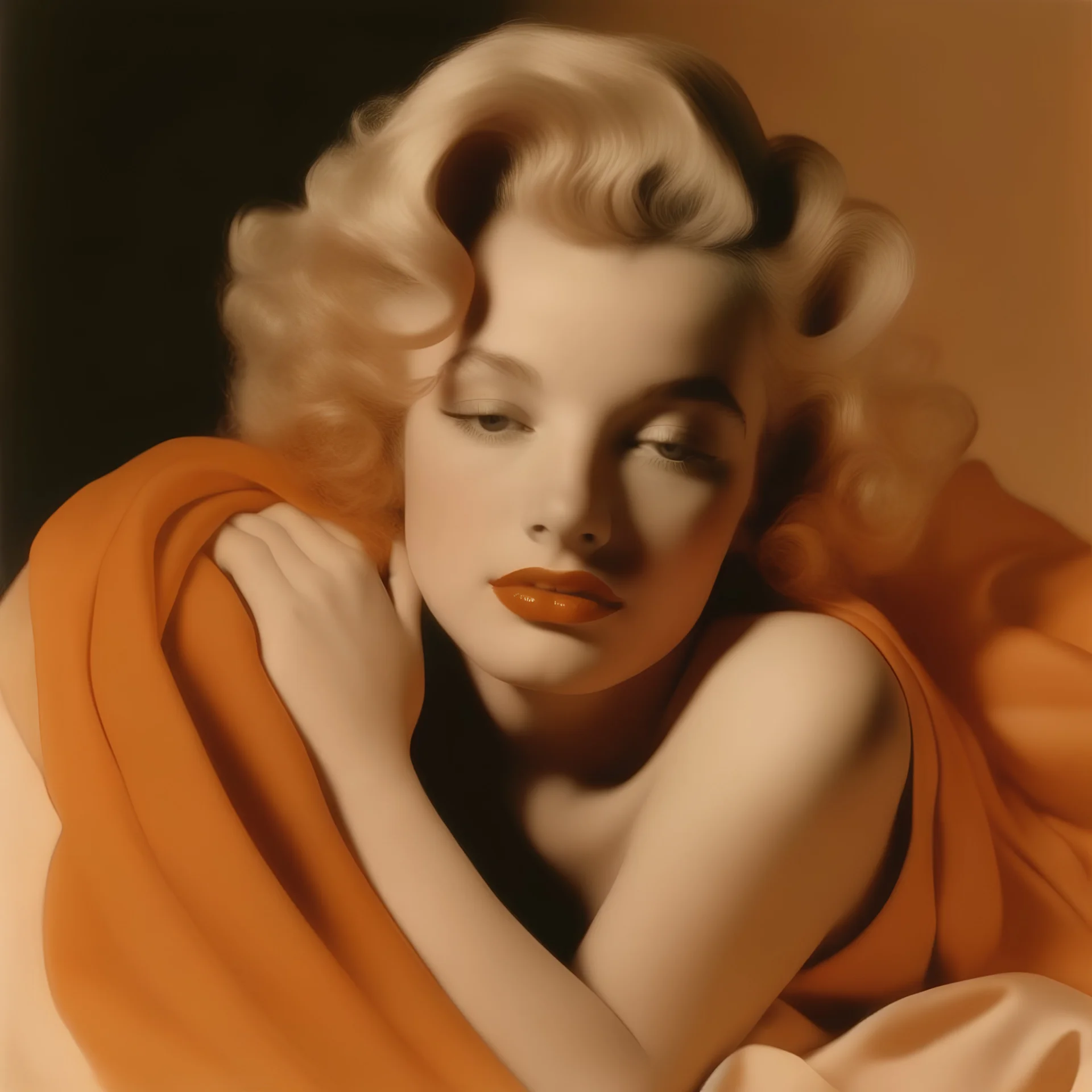 A photograph of marilyn monroe, eyes half closed, with bed hair, melancholy, no make up, in the style of milton greene, pale shiny orange silk scarf around her shoulders,hands undrfcover,beige bacground