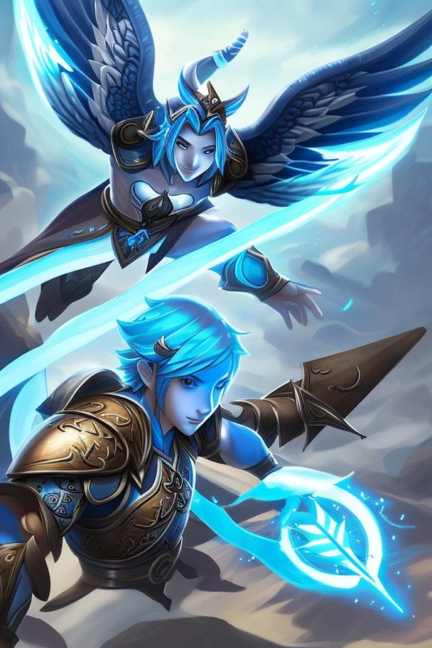 a person in runic armor with blue wings, blue short hair, runic tattoo and spell book, male