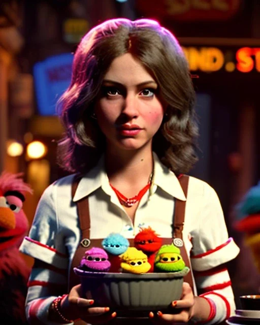 waitress woman with Sesame Street muppet mask-head, concept art, retro style, smooth, unreal engine 5, god lights, ray tracing, RTX, lumen lighting, ultra detail, volumetric lighting, 3d.