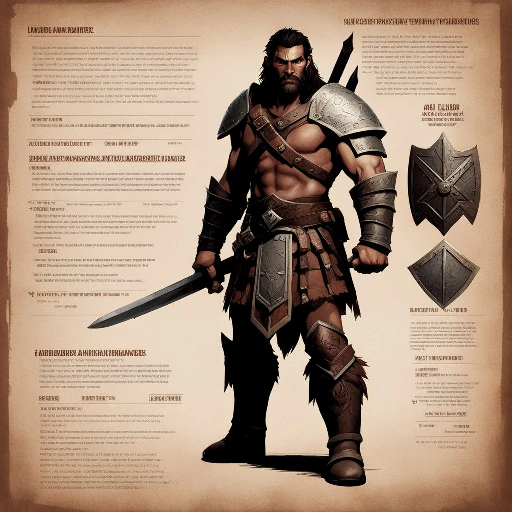 character concept sheet with AD&D statistics and characteristics, [vintage style noisy scratches glitches, Shot the texture and then rewound the film and double exposed the face] a Barbarian ranger with his leather armour, his broad sword and his small iron shield