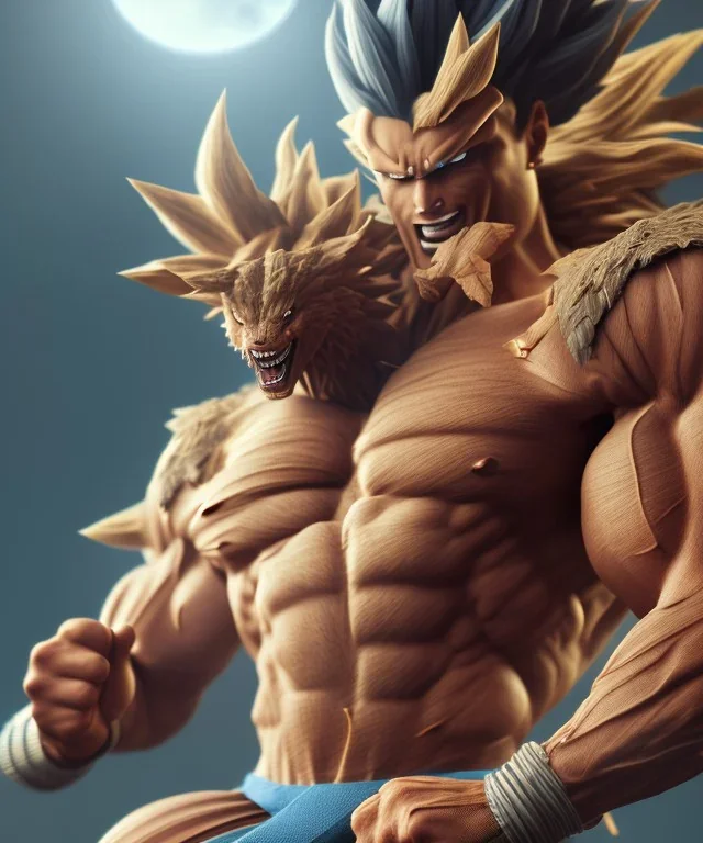 Goku, fighting pose, muscular body, shirtless, volumetric details, hyper realism, unreal engine 5