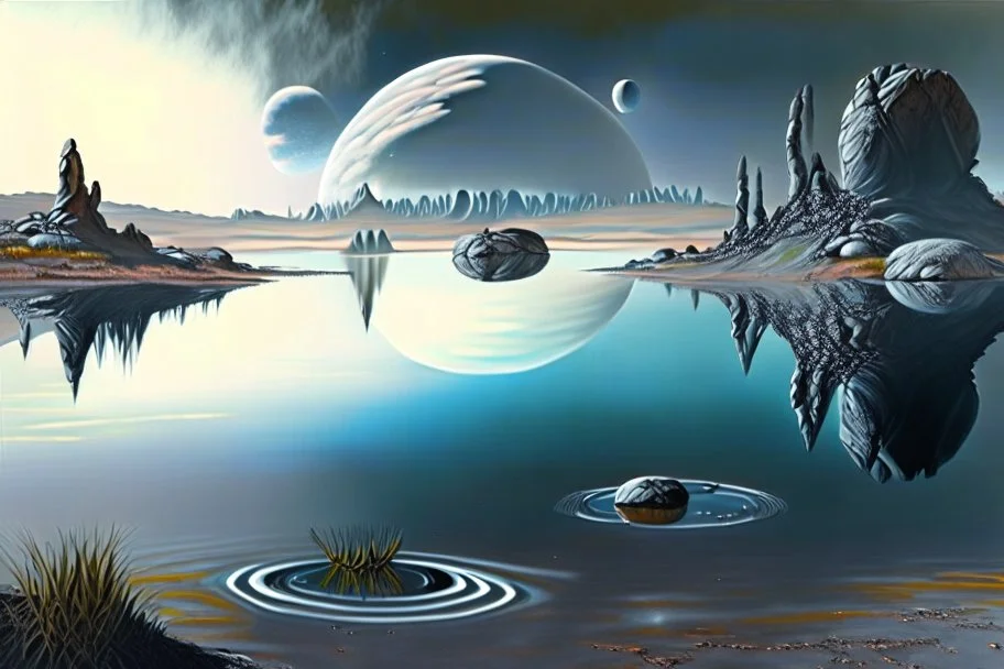 Alien landscape with one grey exoplanet in the horizon, pond, water reflection, rocky landscape, sci-fi, tendency to impressionism, realistic painting