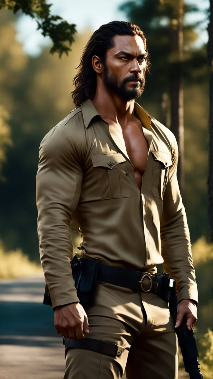 Jason Mamoa as a handsome muscular sheriff wearing a long sleeved khaki shirt, short hair, standing by the roadside, trees in the background. photorealistic. 4k. urban fantasy
