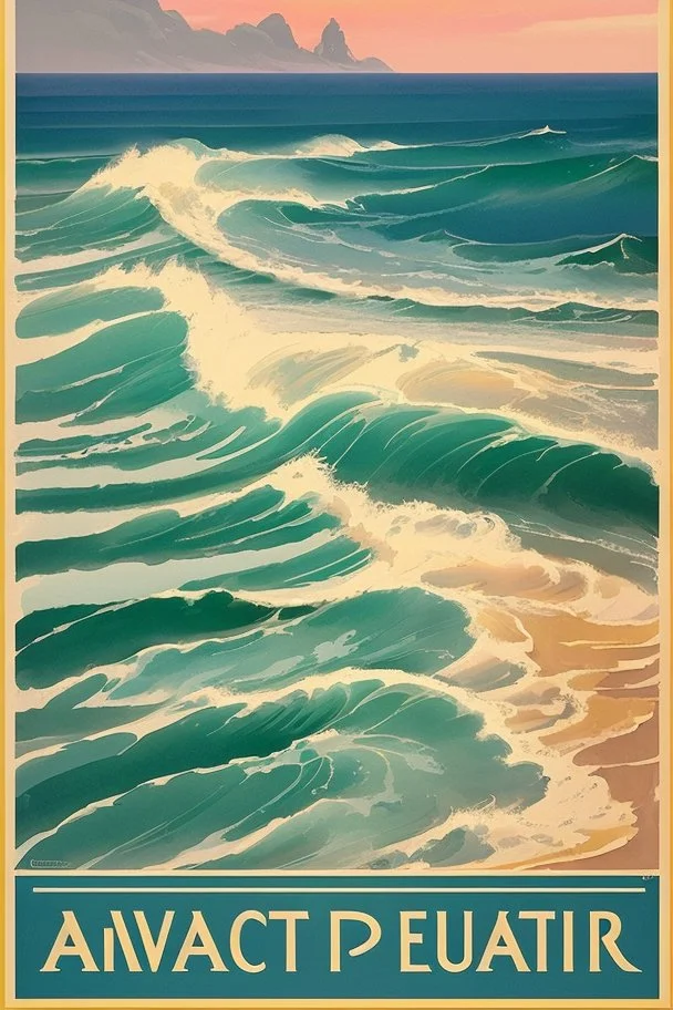 Vintage travel poster showcasing the majestic waves on beaches of Landes in France in a watercolor painting style reminiscent of 1930s European travel advertisements, like those by Henri Cassiers. The scene is captured during golden hour with soft glows highlighting the peaks, featuring muted pastels with pops of rich blues and greens. The composition offers a wide-angle view, with a focal length of around 24mm, presenting a vast mountain range at the center and a quaint village at the base.