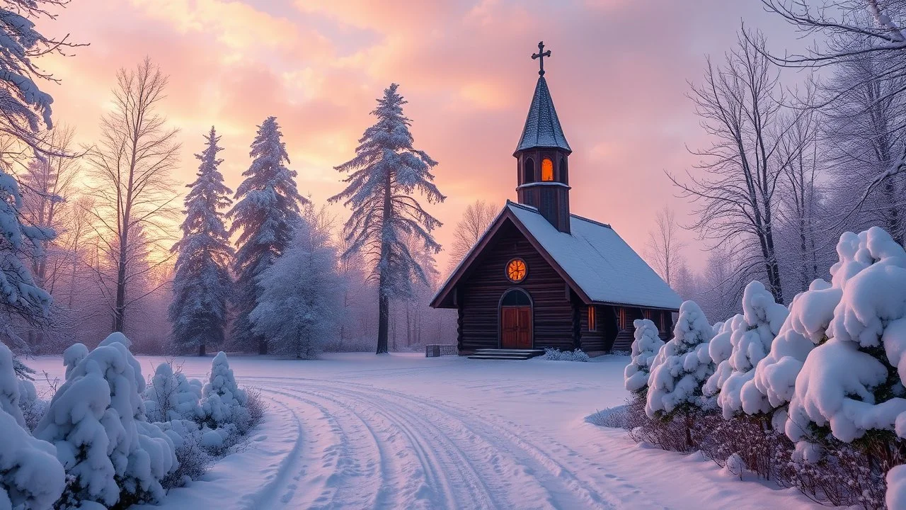 snow-covered wooden church in a snowscape with trees, path leading to church, conical spire, rounded door, windows, glowing light, winter sky, sunset in mist, beautiful composition, 8K, intricate detail, atmospheric, winter festival