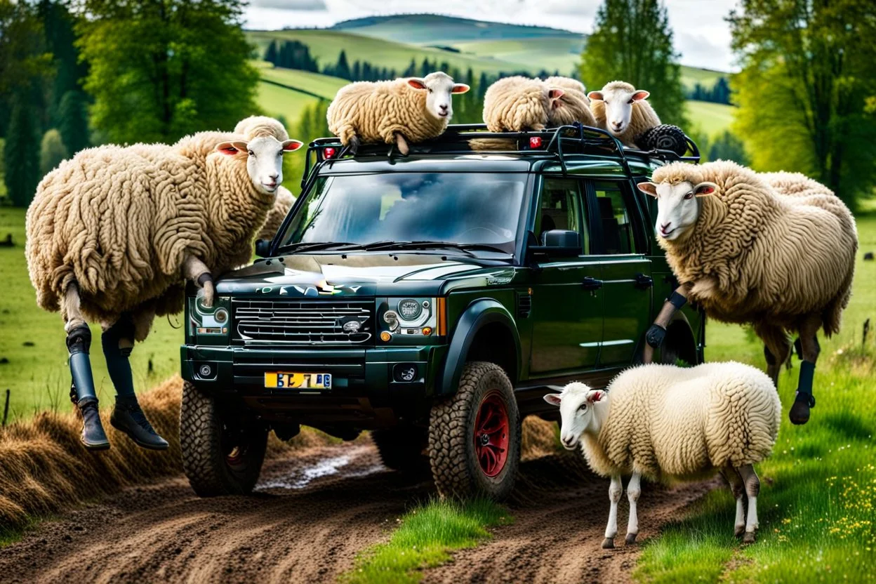 lots of sheep jumping each other, portrait of a broken mechanic, mixed body hybrid part big (sheep), fixing (far away old land rover 4x4 discovery 2) in the countryside