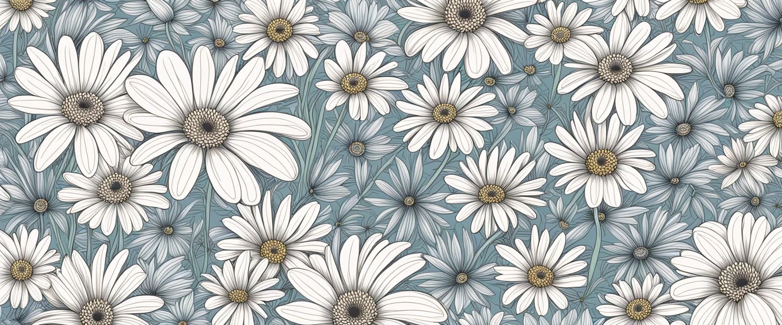 linework daisies, flowing in the wind, spring, simplified, pattern
