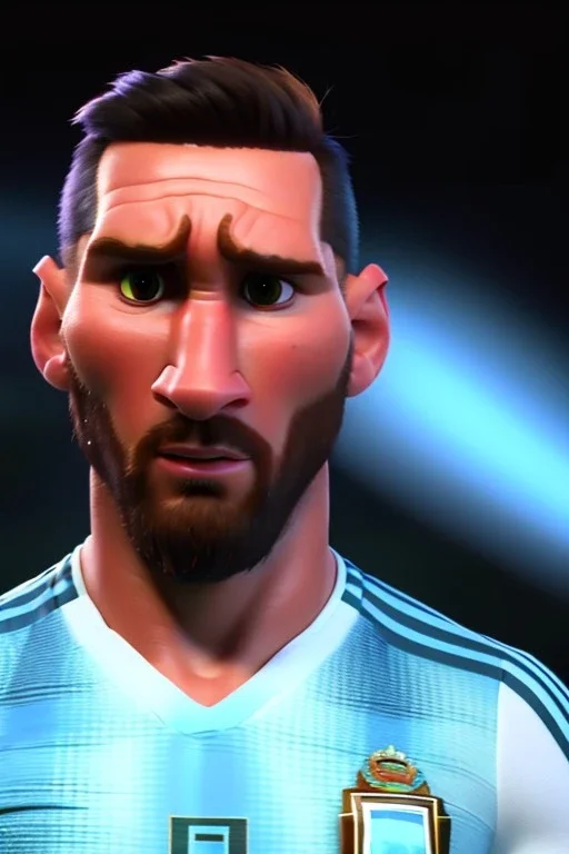 Realistic Messi Argentina soccer player Portrait, mid shot view, angry, concept art, art station, 3d, photo studio, blue clean background, unreal engine 5, ray tracing, RTX, lumen lighting, ultra detail, volumetric lighting.