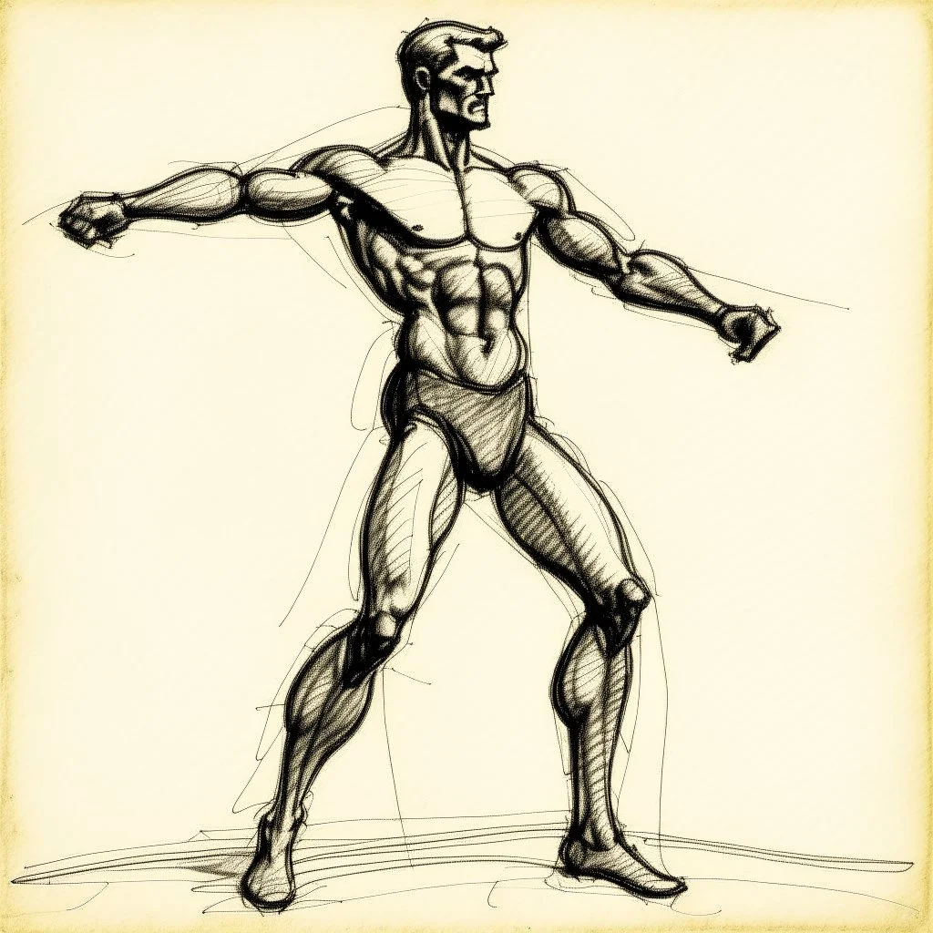 A dynamic sketch of a male figure, rendered in a sketchnote style with rough charcoal on aged paper.