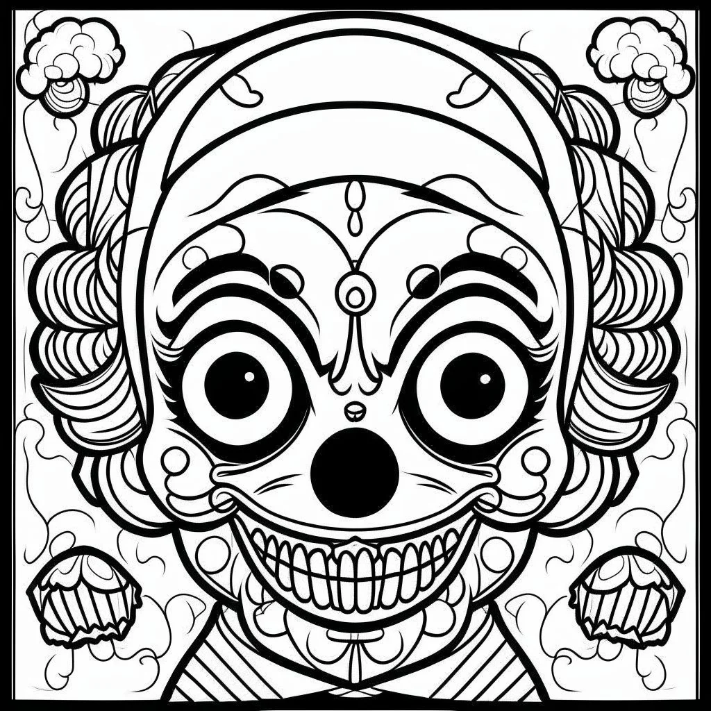 create a 2d black outline, " kawaii psycho clown coloring book for kids", coloring page, low details design, black contour, coloring page design, colorful , card style, coloring page for kids, halloween backgorund,sketch style,