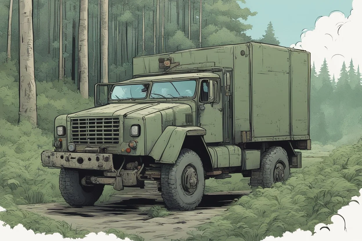 Military truck on a road, forest, overgrown apocalyptic, comic book,