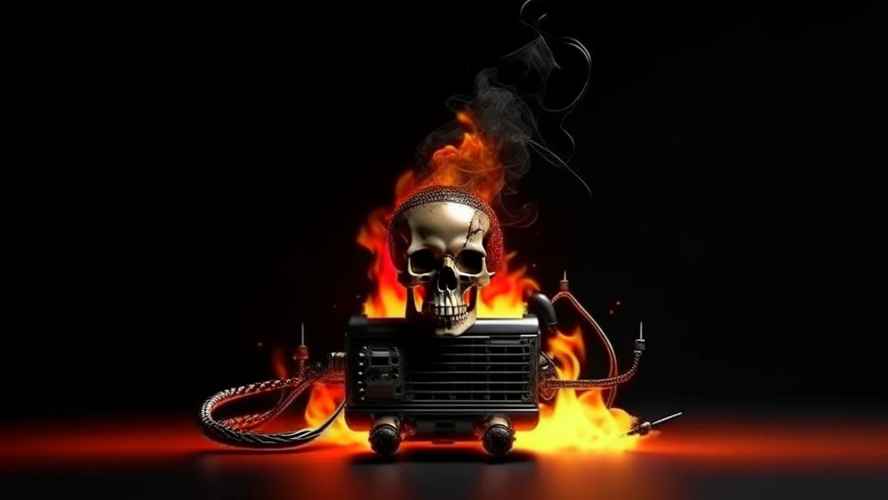 4K. REALISTIC FULL DETAILS. LOGO EMISSION DE RADIO HARDROCK FIRESTARTER TERMINATOR. FLAMMES EN FOND D IMAGE ET STUDIO DE RADIO QUI BRULE