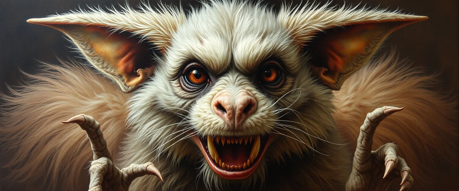 master oil painting with some air brush, fluffy hyena gremlin realistic and creepy, straight from the lich lab, in the style of Escher and Titian