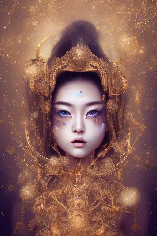 wonderfull japanese woman, curves, robotic, golden long hair, hair covering one eye, ultradetailed fine art photo of a indian, weet face portrait, snow flakes particles, 8 mm len