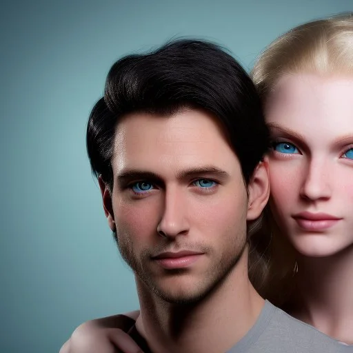 photograph of a dark haired handsome prince embracing a beautiful blonde haired pale skinned woman with blue eyes