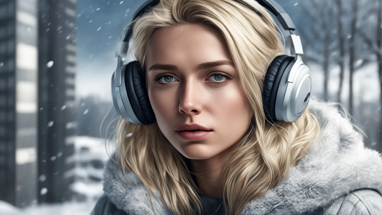 beautiful sad blonde woman, ninth floor, winter, listening to music on headphones, photorealism, 3d, 64k, high resolution, hyperrealism, f/16, 1/300 s.