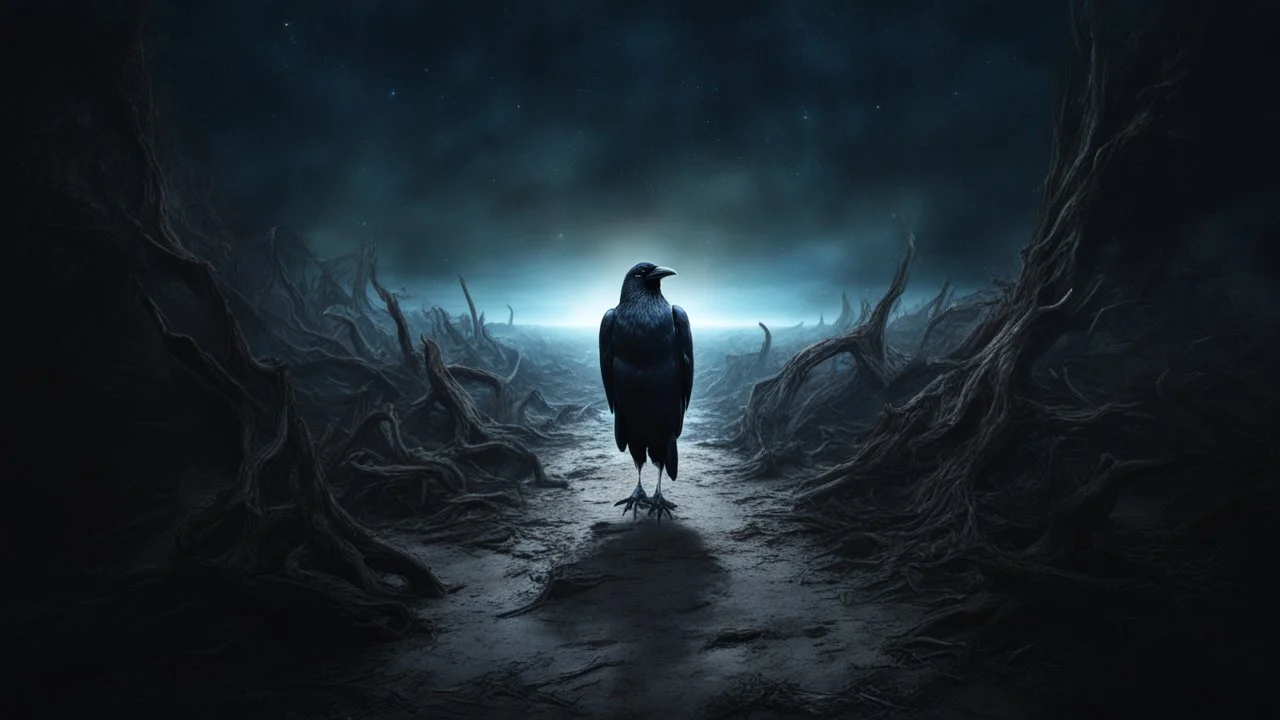 Crow in a space, at the end of the time, hyper realistic