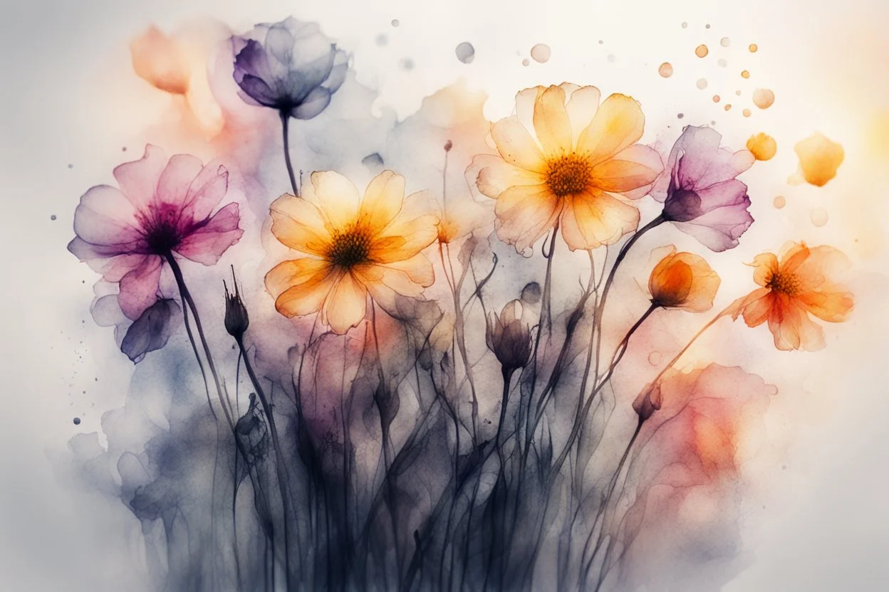 beautiful collection of flowers, melting watercolor and black ink outlines on wet paper, soft, shading strokes, in sunshine, ethereal, otherwordly, cinematic postprocessing, bokeh, dof