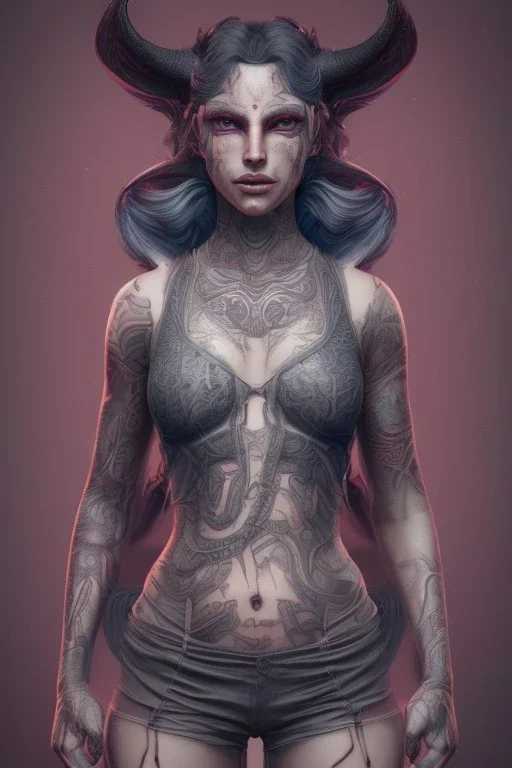Athlethic Young tiefling woman, futuristic fantasy assassin character, portrait from waist up, intricate eyeliner, vibrant eyeshadow, clear completion, soft lighting, 4k resolution, intricate details, insanely detailed, white tank top, vibrant Japanese style tattoo sleeve, colorful cityscape background, masterpiece, expert, cinematic smooth, retroanime style, realistic details, devil tail