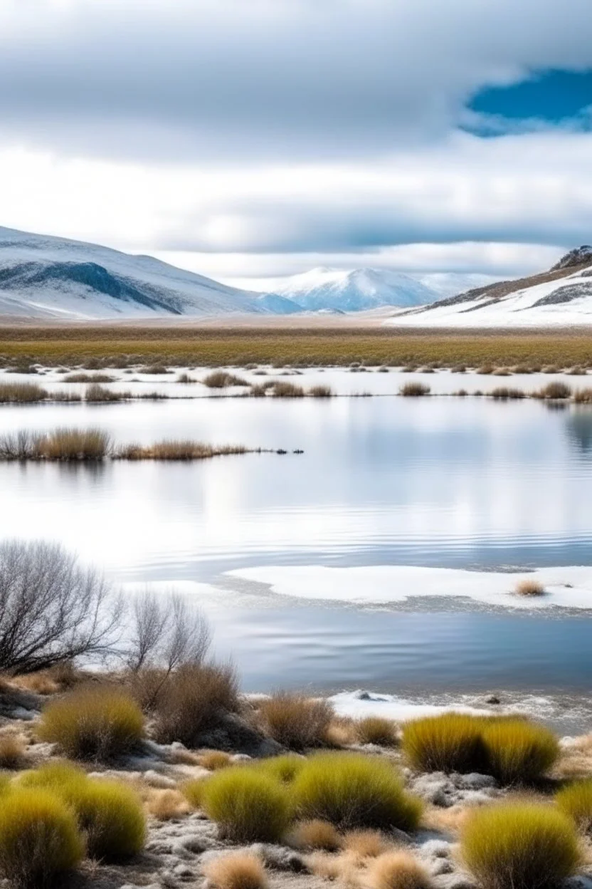 paisaje del sur argentino, con lago, día frio y nevado, incluyendo animales y plantas autóctonos.