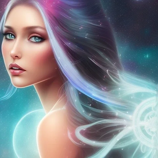 beautiful woman with long hair look the stars and northern aurora blue turquoise lights, blue, pink,