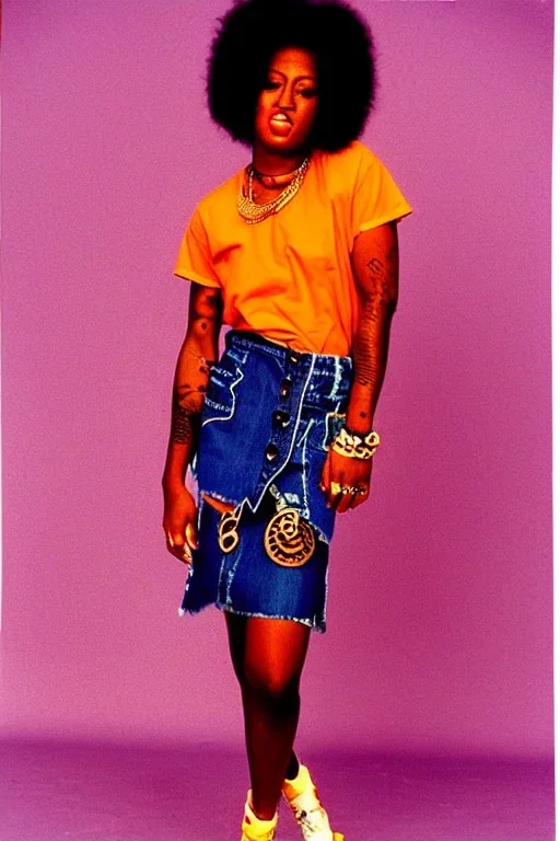 year 1996 denim fashion. Loose skirt, low waist. Colors: denim blue, blue, purple, cream, khaki, light green, lilac, plum, orange, terracotta, red, light yellow, pink, dark blue, beige. Cheetah pattern. Gwen Stephani, Missy Elliot, Shirley Manson.