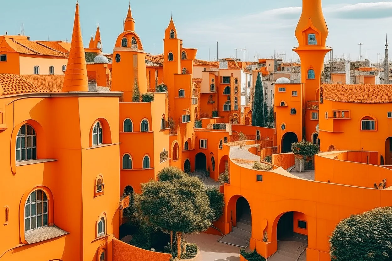 An orange colored suburban town with different shaped buildings painted by Antoni Gaudi