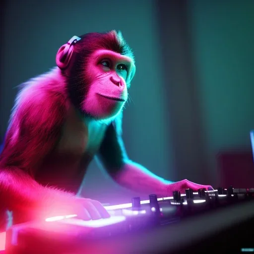 Dj monkey, unreal 5, octane render, cinema4d, redshift render, hyper realistic, cenematic, vibrancy, synthwave, retouch, centered, dynamic lighting, dramatic lighting, 4k, highly detailed, attractive beautiful, realistic, epic composition, holographic,