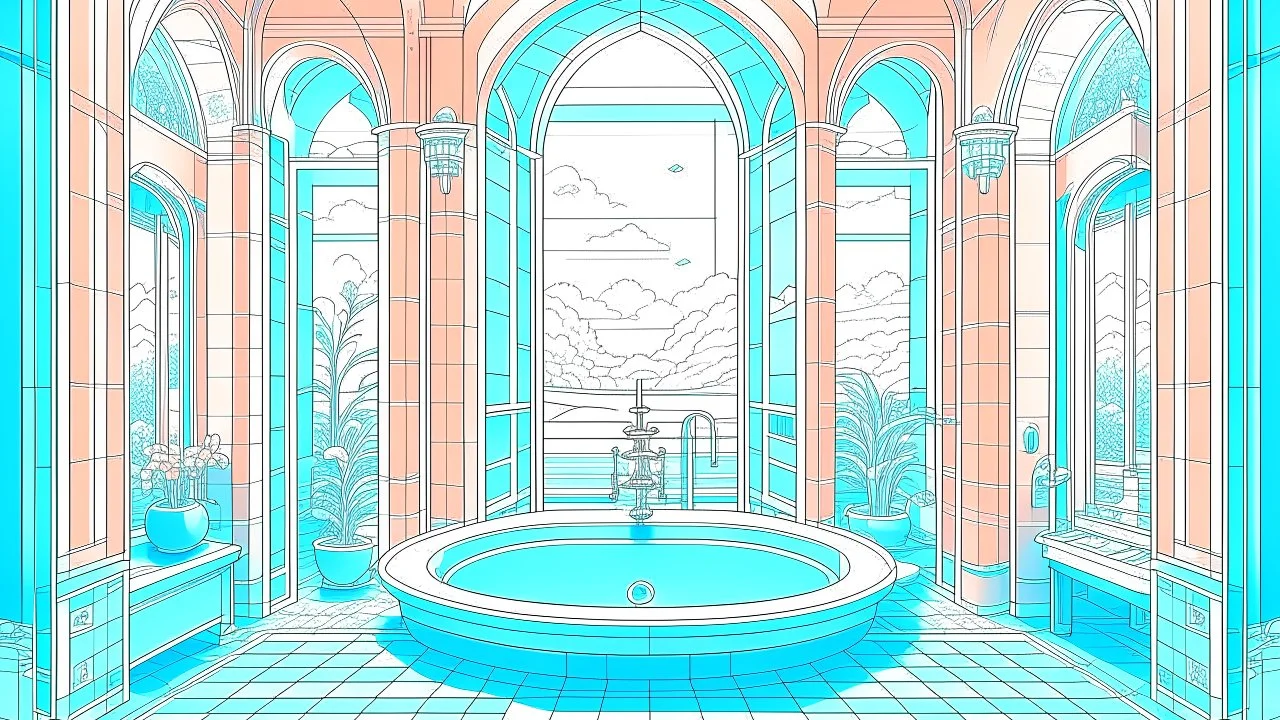 Baño ilustrativo con detalle fantástico y arquitectura imaginaria, inspirado en Moebius, líneas finas, colores suaves, estructuras imposibles, sensación de mundo paralelo limpio y extraño