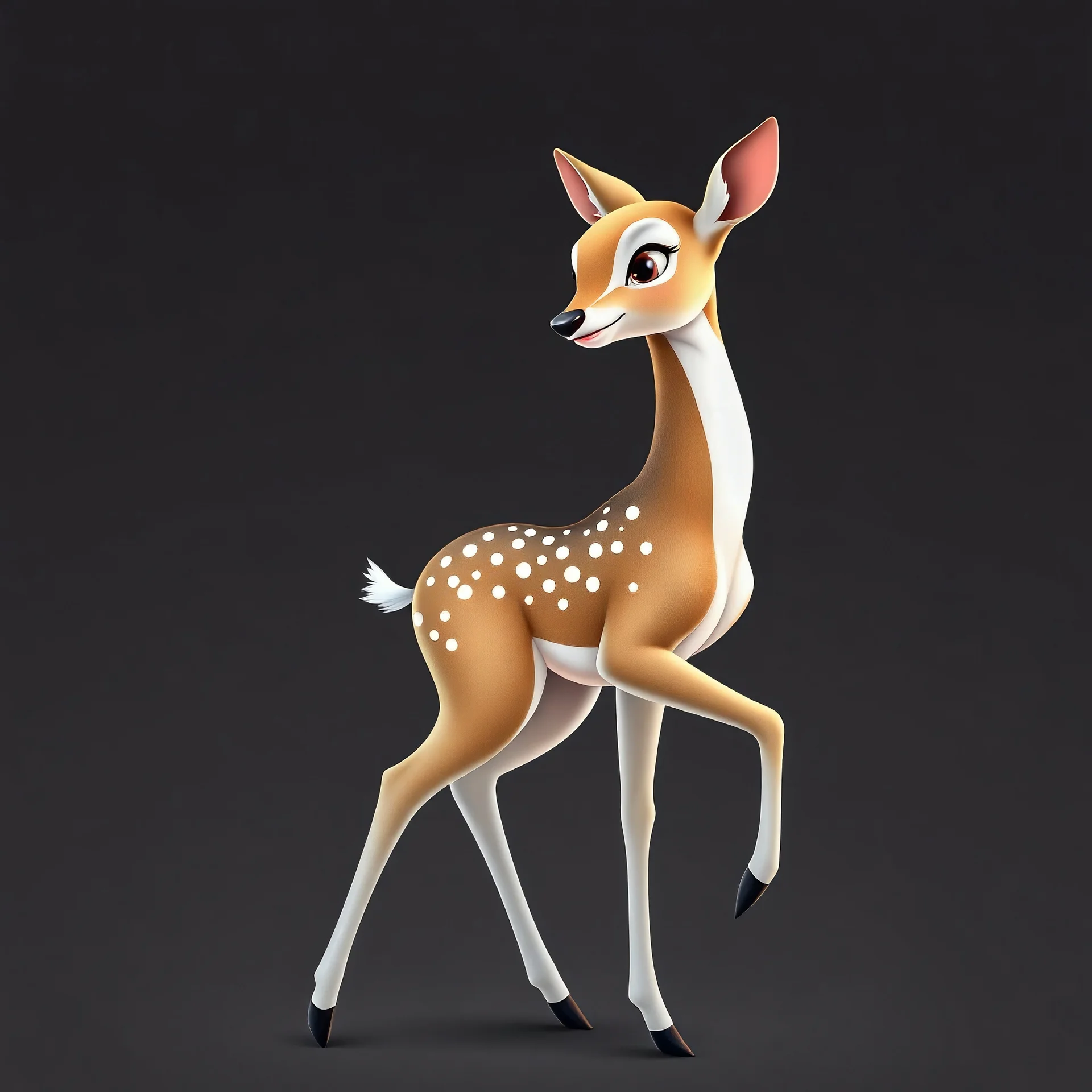 full body of a bald white tail deer, sultry, seductive, standing with a front leg lifted. with big smile, looking back, and big eyes looking back , tail upward, on flat background, in the style of 'My Little Pony' and Bambi, fantastic lighting