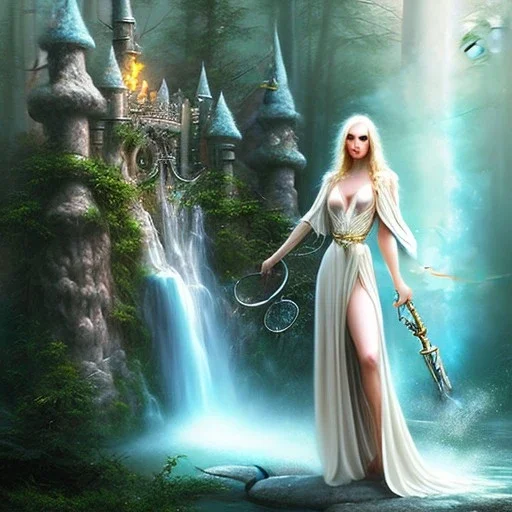 romantic fantasy spray painting, upper body of ultra cute blonde robed poet sitting on huge marble throne, torch in winding magical forest with waterfall