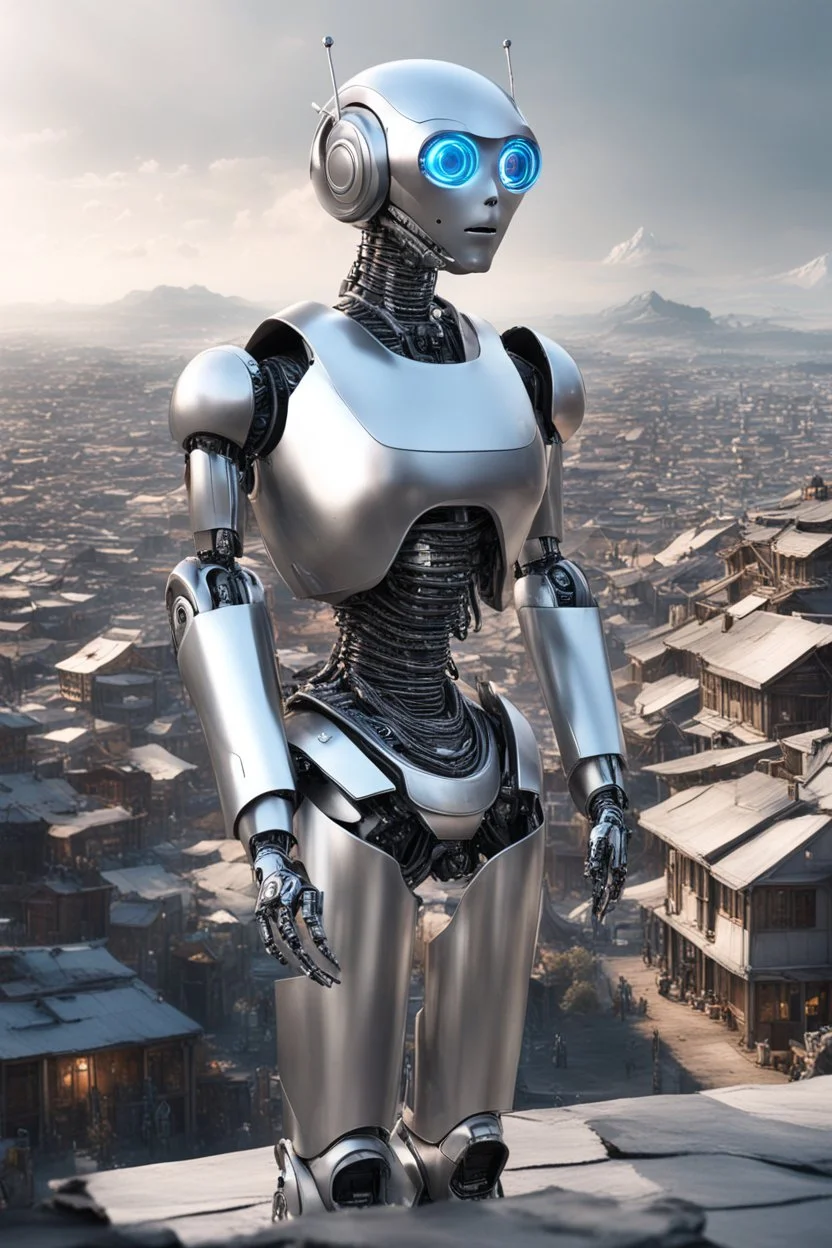 silver humanoid robot standing looking over a small alien town