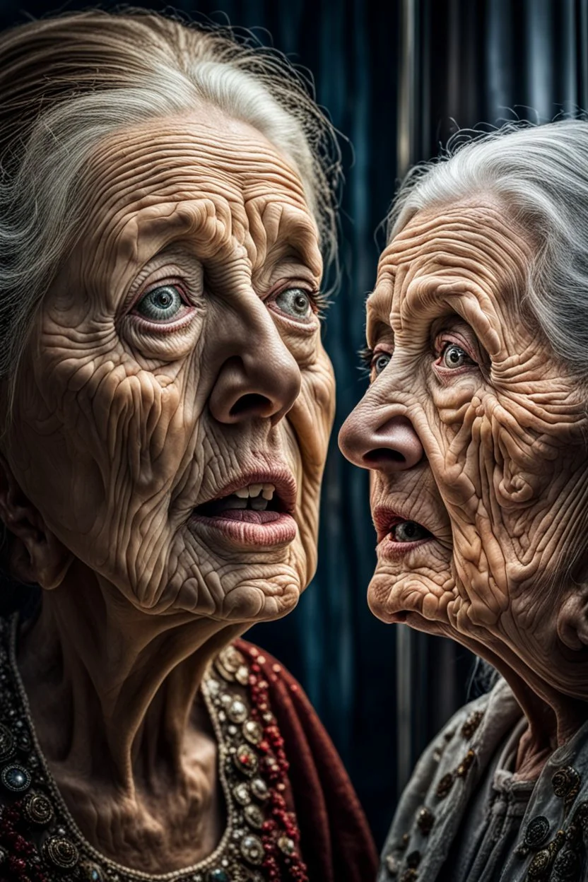 a young girl looking herself in the mirror, and shock on her face, an old woman face reflecting in the mirror, hyper realistic, ultra detailed, stunning intricate details, HDR, beautifully shot, hyperrealistic, sharp focus, 64 megapixels, perfect composition, high contrast, cinematic, atmospheric, moody Professional photography, bokeh, natural lighting, canon lens, shot on dslr 64 megapixels sharp focus